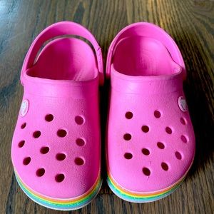 Girls Pink Rainbow Crocs